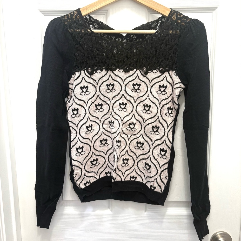 Anthropologie Black and Light Pink Lace Sweater